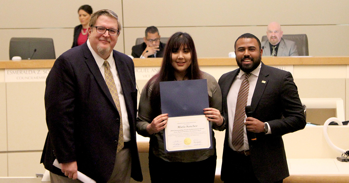 Maria Sanchez, recognized in front of Fresno City Council as the Fresno Regional Workforce Development Board 4th Quarter Winner